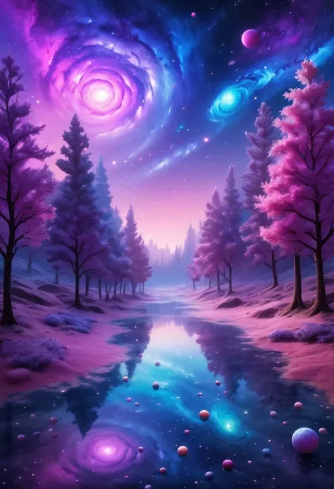 otherworldly dreamscape, edible galaxy, delicate ingredients as floating planets, swirling sauces as ethereal nebulae, soft pastel colors, whimsical atmosphere, magical lighting, sprinkles as distant stars
