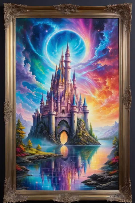 Dynamic view of a holographic magical castle painting, detailed frame, painting looks to be life like, hanging on a wall, magical multicolored ink, high quality, imagination, 8k, fantasy art, vivid magical colors