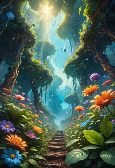 Seeing plants and flowers from the ground, view from below, atmospheric dreamscape painting, dream scenery art, highly detailed visionary art, cgi style, vibrant oil painting, splash art, Cozy mystery, masterpiece 8k wallpapper, neoplasticism, Unreal Engine, dramatic lighting