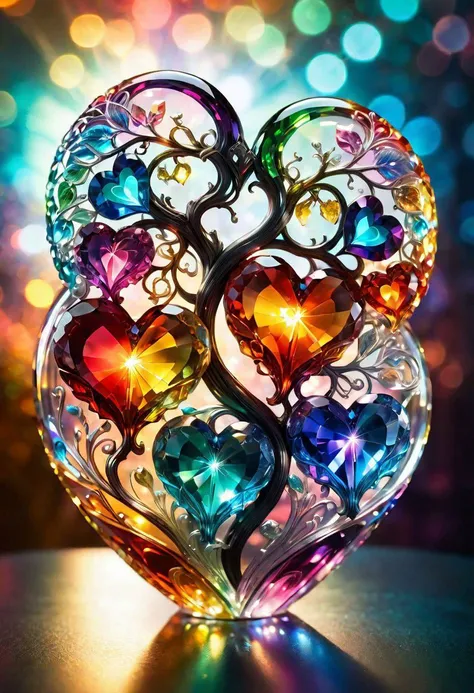 macro photo, sparkling magical fantasy Magical hearts, made out of transparent multicolored glass, light shines through, magical artifact, very detailed, amazing quality, intricate, cinematic light, highly detail, beautiful, surreal, dramatic, warm colors
