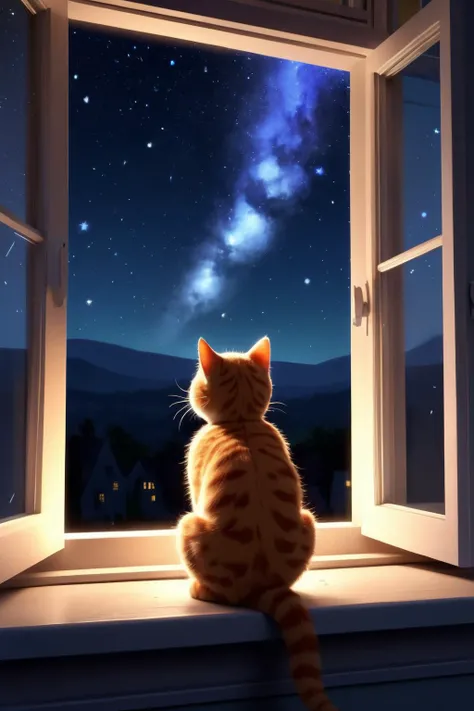 digital masterpiece, pixar style, wide shot of a cute little cat sitting on window sill looking at the stars in the sky, back view, night sky, galaxy, clear night, dark, starry sky, high-quality, 8k, extremely-detailed, <lora:add-detail-xl:1.5>,