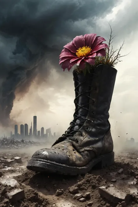 close-up shot of an army boot standing on dead and dusty soil, post-apocalyptic city in ashes, doomsday, sky covered with dark stormy clouds, one beautiful and very colorful flower growing from boot, representing a new beginning, extremely detailed, ultra-realistic, <lora:add-detail-xl:1.5>,  <lora:Desolation:0.7>