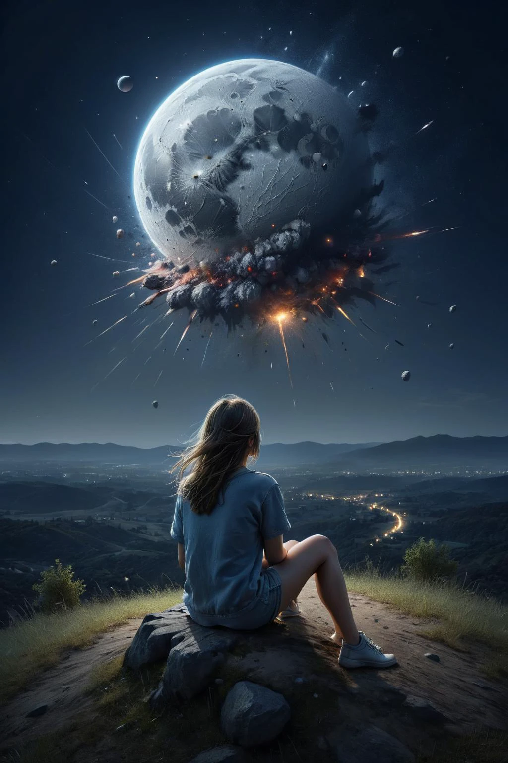 girl sitting on a small hill looking at night sky, fflix_dmatter, back view, distant exploding moon made of ral-vlntxplzn, ultra-realistic, extremely detailed, <lora:add-detail-xl:1> <lora:DarkMatterXLv2:0.6> <lora:ral-vlntxplzn:0.6>