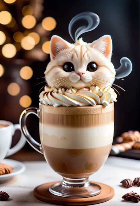 Cappuccino with cream, cream cat on the cappuccino, cute cream cat, panna. Cat made by cream on the cappuccino. Sweet smooth cat