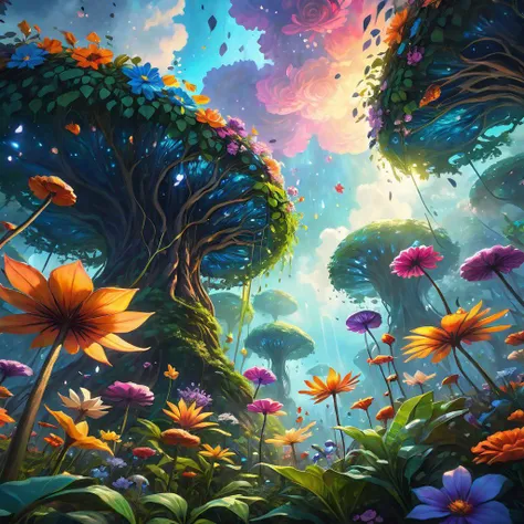 Seeing plants and flowers from the ground, view from below, atmospheric dreamscape painting, dream scenery art, highly detailed visionary art, cgi style, vibrant oil painting, splash art, Cozy mystery, masterpiece 8k wallpapper, neoplasticism, Unreal Engine, dramatic lighting