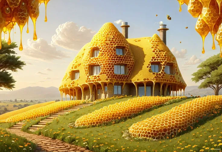 ral-hnycmb, honeycomb farm house on a hill