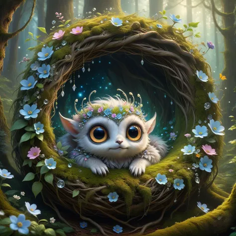 ethereal fantasy concept art of . magnificent, celestial, ethereal, painterly, epic, majestic, magical, fantasy art, cover art, dreamy, forest framing , enchanting 4k Ultra HDR high-quality, fantasy-style, tiny creature with huge yellow eyes nestled in a beautiful flowered nest, surrounded by silver crystals. Imagine vibrant colors, magical flora, and ethereal lighting to bring the scene to life. Request meticulous attention to detail, ensuring the creature blends seamlessly with its fantastical surroundings, creating a whimsical and captivating image.