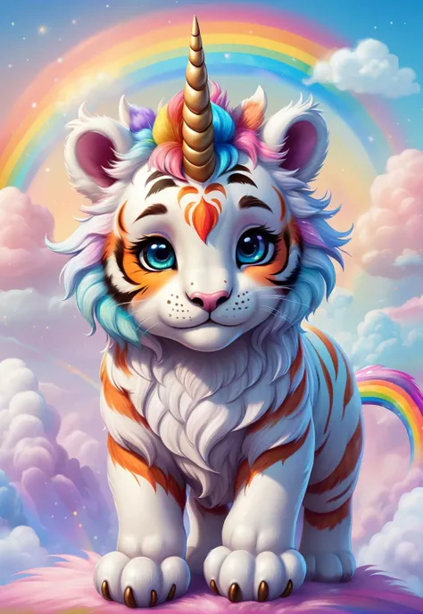 an extremely cute fluffy tiger unicorn artwork. highly detailed, bear paws, rainbow cloud background, fantasy art, saturated,