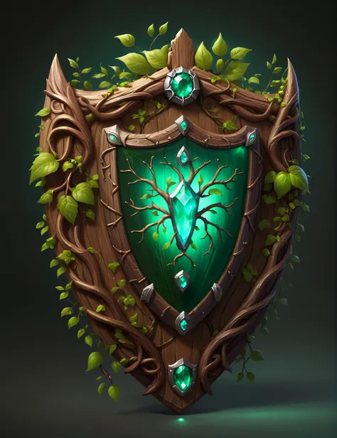 high quality concept game art of a fantasy dryad shield, simple background, extremely detailed, glowing transparent gem of power, made out of intricate wooden vines, concept weapon art