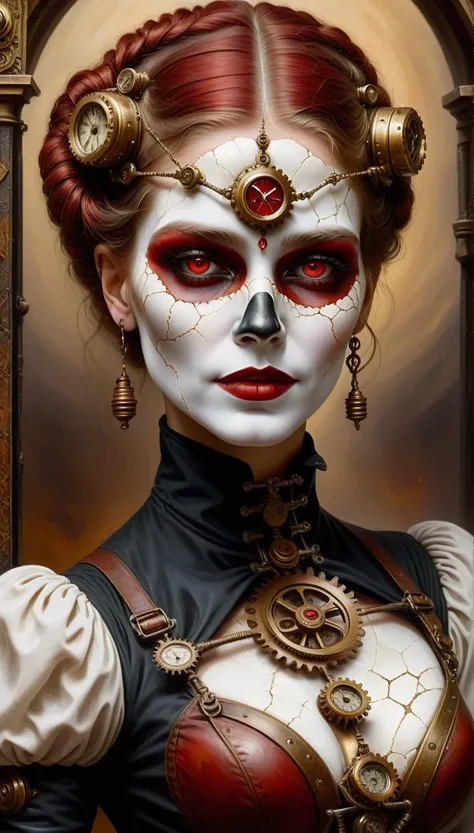 Steampunk style a woman with a white face and red and black paint on her face and eyes, with a ((cracky cracky surface:1.9)), Dirk Crabeth, ex machina, a marble sculpture, plasticien, . Antique, mechanical, brass and copper tones, gears, intricate, detailed