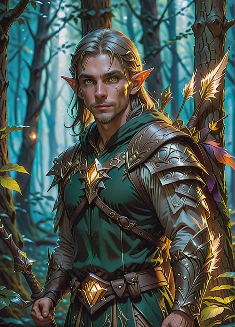 grizzled wood elf hunter, male focus, tree spirit symbols and patterns, dark ethereal fantasy forest at night, holding an elf bow, full shot,
((looking at viewer:1.2), (from side:0.8)),
full armor, athletic, volumetric lighting dynamic lighting, real shadows, vibrant contrasting colors,
style of Stephen Hickman and Stan Manoukian,
ultra realistic, masterpiece, high quality, highres, sharp focus, intricate, sharp details, highly detailed, rich color, 8K,