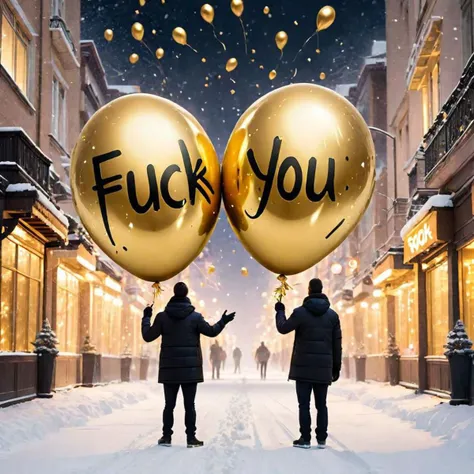 people holding big inflatable gold foil balloons in the shape of "FUCK YOU" on an empty snowy street of a metropolis, fireworks in the sky