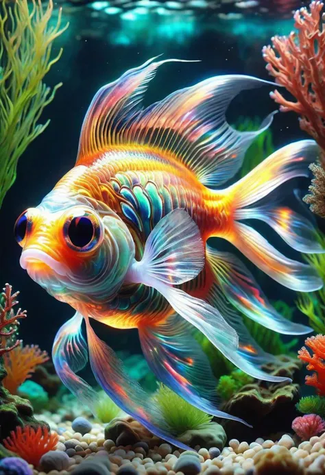 4K, 8K, hyper detailed, masterpiece, dynamic, aquarium, ornamental fish, aquatic plants, coral, small fishes, shellfish, big eyes, gravel, stunning colors, transparent body, long tail fin, DonMSp3ctr4lXL, AuroraStyle,