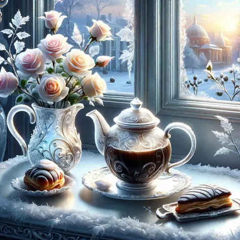 <lora:SDXLFrosted:0.8> FrostedStyle, a cup of morning coffee, a teapot, a small vase with delicate roses stands nearby, dawn, a croissant, a chocolate bar, very realistic, detailed hd, 32K