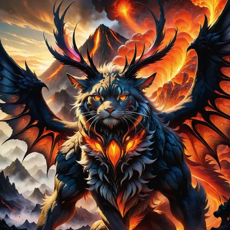<lora:add-detail-xl:2.4>, yoshitaka amano, detailed expressive eyes, fantasy style, the majestic wispy scattergrumbos is a silicon-based life-form living in a hostile environment. it calls the helviported lava plains of the volcanic planet blumsnorf iv its home. on the image it is shown with its disturbingly beautiful leathery wings and elegant lampremblative body. this being feeds by harnessing volcanic energy and hunting the small blongspivelled ghastly wartpod, colorful, whimsical, chiaroscuro, masterwork, best quality, professional artwork, detailed background