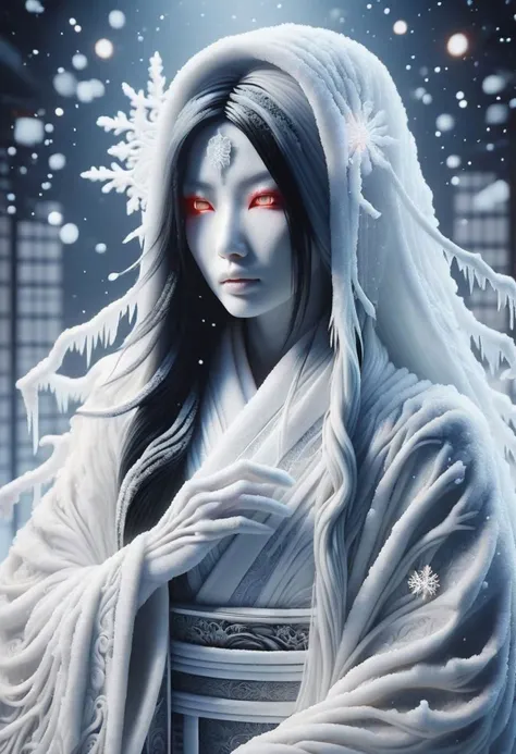 hyper detailed masterpiece, dynamic, awesome quality,
Japanese snow {spirit|ghost}, female, cold ethereal beauty,
{White kimono|burial robe}, Long black hair, pale skin,
{Glowing|haunting} eyes, {0.2::icy breath,|0.2::frost},
winter, snow, haunting, supernatural,SnowStyle