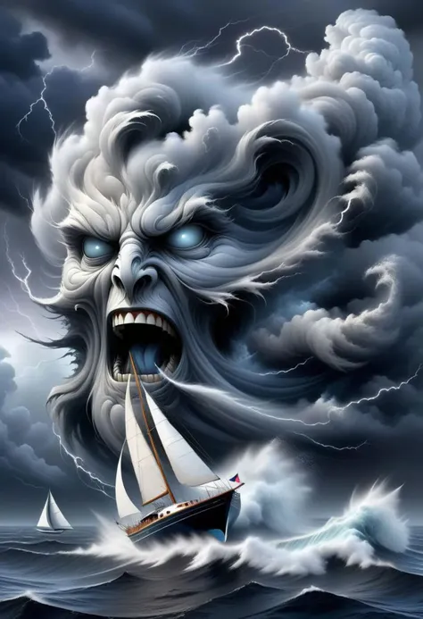 hyper detailed masterpiece, dynamic, awesome quality,far away floating cloud DonMW15pXL, blows out a hurricane, scream, thunder, big cheeks, frown
BREAK
wind fills sailboat sails, storm, dark gray clouds