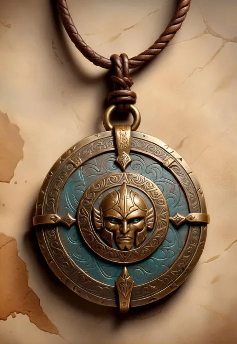 High quality fantasy artifact concept art, simple background, Warrior's Amulet, ancient bronze, engraved with battles of yore, worn leather cord, 8k