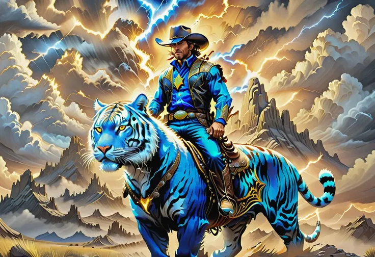 a concept painting of a cowboy riding a DonMDj1nnM4g1cXL tiger in the badlands, tiger in lightning, clouds, 
style of Howard Terpning, soft shadows, caustics, high contrast, color contrast, 
ultra realistic, masterpiece, high quality, highres, sharp focus, intricate, sharp details, highly detailed, rich color, 8K, <lora:Cloudify-SDXL:1> <lora:DonMDj1nnM4g1cXL:1>,  <lora:DetailedEyes_V3:1>