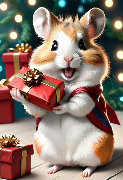 photo of a hamster girl holding a present, being super happy and smiling