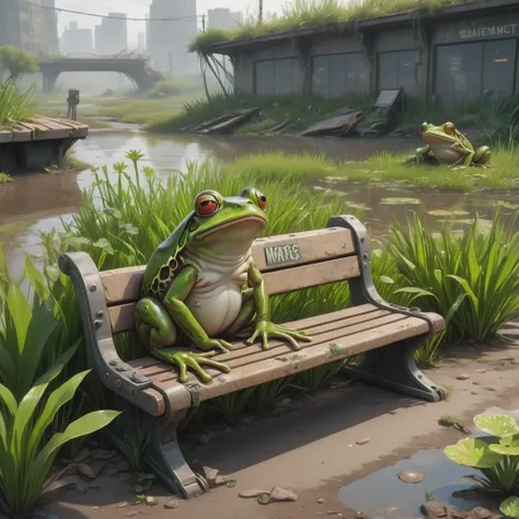((best quality)), ((masterpiece)), ((realistic)), (detailed), Post-apocalyptic Wasteland Public Bench,Frogs Croaking,Aquatic Plants