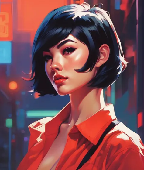 a drawing of a woman with short black hair, ilya kuvshinov and artgerm, pixie cut with shaved side hair, inspired by Gao Qipei, the artist has used bright, 8 0 s anime vibe, angular jawline, muscular ultraviolent woman, female spy