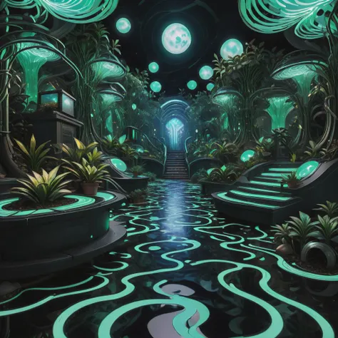 surespace Arcane Academy of Enchantment, Rubber Flooring, Glow-in-the-Dark Plants, Solar Garden Lights <lora:surrspace2:1>