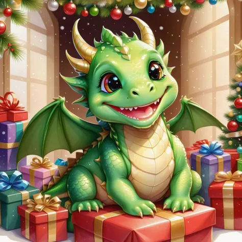 <lora:SDXLCutePets:1> cutepets, a green dragon surrounded by Christmas gifts, smile, high quality, digital art illustration, kawaii, adorable