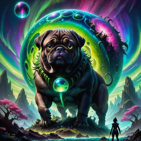 <lora:add-detail-xl:2.4>, jae cheol park \(valentina kallias\), detailed expressive eyes, fantasy style, here we see a gigantic towering rubbery scudbeast, this wondrous pugmodering creature, covered in bioluminescent orbshnodder and underfrazzler stands atop a zorbified pile of underfrazzler, silhouetted against a jinxflagranti aurora-filled sky of planet gigglesphere prime, hinting at its otherworldly nature, colorful, whimsical, chiaroscuro, masterwork, best quality, professional artwork, detailed background