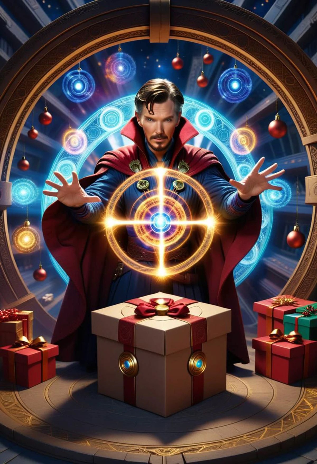 4K, 8K, hyper detailed, masterpiece, instant present, BOX_STYLE_HERE bow, magic circle, draw circles with hands, solo, smile,
Doctor Strange employs magic to open a portal, revealing a gateway adorned with abundant Christmas gifts on the other side. The portal emits a mystical glow as it swirls open, unveiling a festive scene brimming with colorful presents stacked up in heaps. The sorcerer's spellcasting gestures accentuate the magical aura surrounding the portal, infusing the air with an enchanting ambiance, creating a mesmerizing spectacle of holiday cheer.