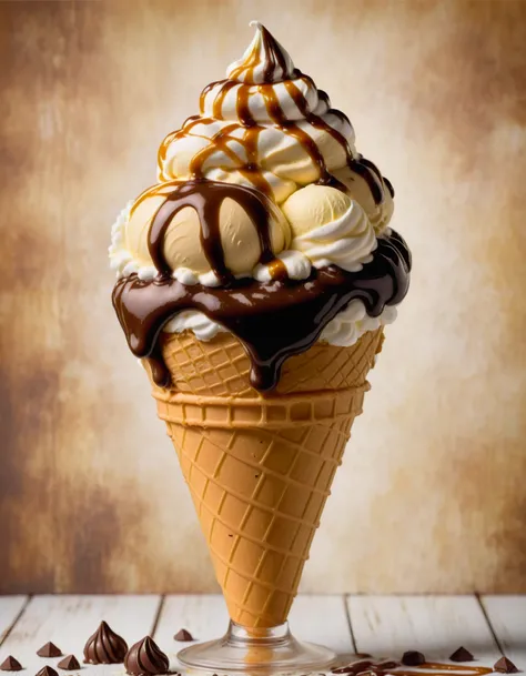 vintage model shoot of a vanilla coffee ice cream cone with whipped cream, caramel and chocolate syrup, high quality, photo shoot,