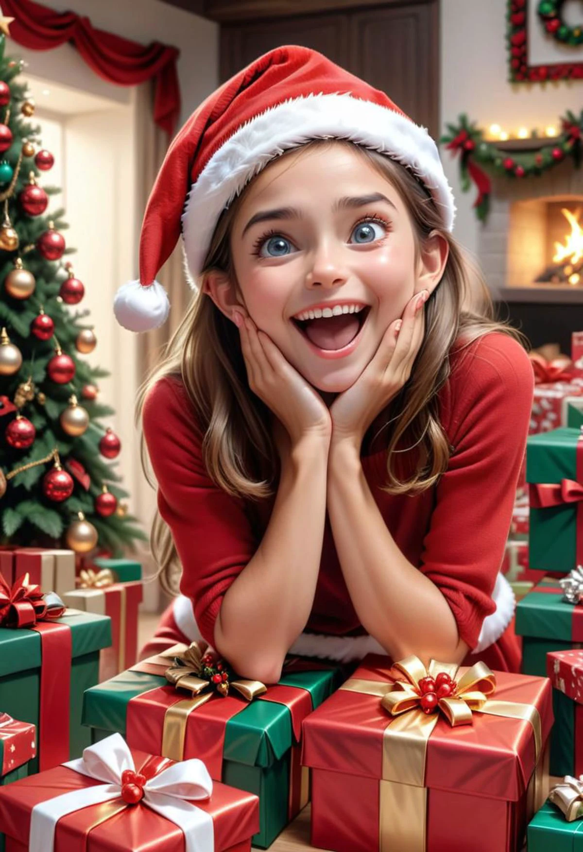 4K, 8K, hyper detailed, masterpiece, xmaself, instant present,
The girl's reaction to receiving a table full of Christmas presents was pure delight, evident from her enthusiastic body language and joyful expression on her face. She was beaming with happiness, her eyes widened, and her smile stretched from ear to ear as she eagerly explored the array of gifts laid out on the table. Her excited gestures, perhaps clapping hands or jumping with glee, revealed her overwhelming joy at the abundance of presents, capturing the true spirit of Christmas gifting.