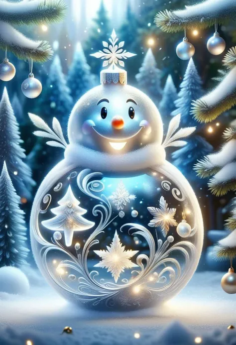 FrostedStyle, cute casper-like ghost happily singing and dancing around christmas tree in middle of magical forest, christmass gifts and balls on the snow floor, intricate details,HQ, HD, AAA, perfect body anatomy, detailed gorgeous face, detailed symmetric circular iris, Pixar eyes, poster, luminism, ultra-realistic, glamour, art by Anno1313,