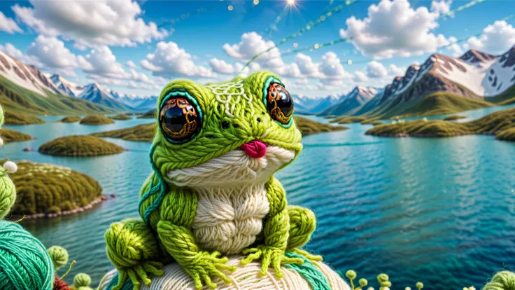 Positive: cinematic photo w00len a hyper realistic macro close up picture of a frog <lora:w00len:1> (( made of wool and yarn)))) <lora:FaeTastic:0.7> lake landscape, van gogh sky . 35mm photograph, film, bokeh, professional, 4k, highly detailed