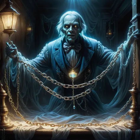 Translucent and shimmering, the Ghost of Jacob Marley haunts the confines of Ebenezer Scrooge's darkened bedroom. Draped in heavy chains, each link clinking with the weight of past misdeeds, Marley's spectral presence illuminates the room with an eerie, blue ethereal glow. <lora:SDXLFrosted:0.5> FrostedStyle, <lora:add-detail-xl:0.8>