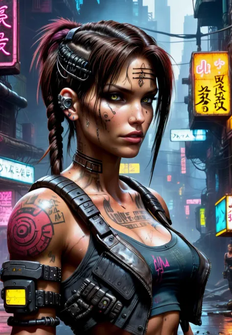 Lara Croft in a dystopian cyberpunk city, (cyborg:1.3), bladerunner, dark misty street,  punk hairstyle, cybernetic face modifications,  body modification, Lara Croft video game character, wearing cyberpunk clothes, neon signs, misty