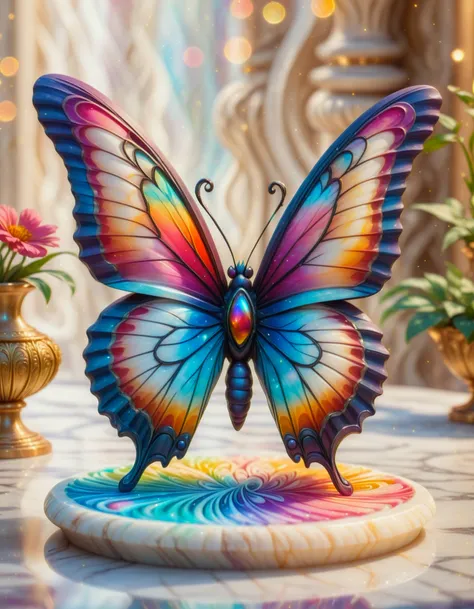 A marble carving of a butterfly, swirls of colors, sparkling, magical, fantasy, 8k, highly detailed, bokeh