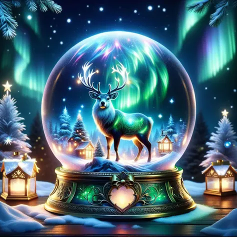 <lora:SDXLAuroraStyle:1> Aurorastyle A glowing snow globe with a magical Christmas area with small lanterns inside