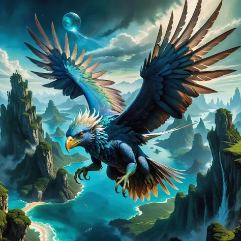 <lora:add-detail-xl:2.0>, paul bonner, detailed expressive eyes, fantasy style, the regal looking two-toned snotwobble, a creature of the zwengled skies, shown here with its majestic coundrilsized wings outstretched as it soars above a rimflongled realm of enforbled islands and vibrant cascading torbishmodder of planet zorf, dramatic, extremely detailed, masterpiece, best quality, professional artwork, detailed background, horror, dark fantasy