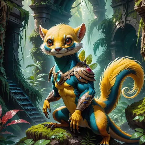 <lora:add-detail-xl:2.0>, mark zug, detailed expressive eyes, fantasy style, the shiny bladeweasel understands itself as the guardian of the much smaller slippery bonenoggins, it is a semi-intelligent creature that likes to etch mysterious handiflanked vrangboodle into its chitinous armor plates, here it is seen standing sentinel in an overgrown ruin filled with youbled artifacts on planet chuckleberry iii, masterpiece, best quality, professional artwork, detailed background, colorful, whimsical