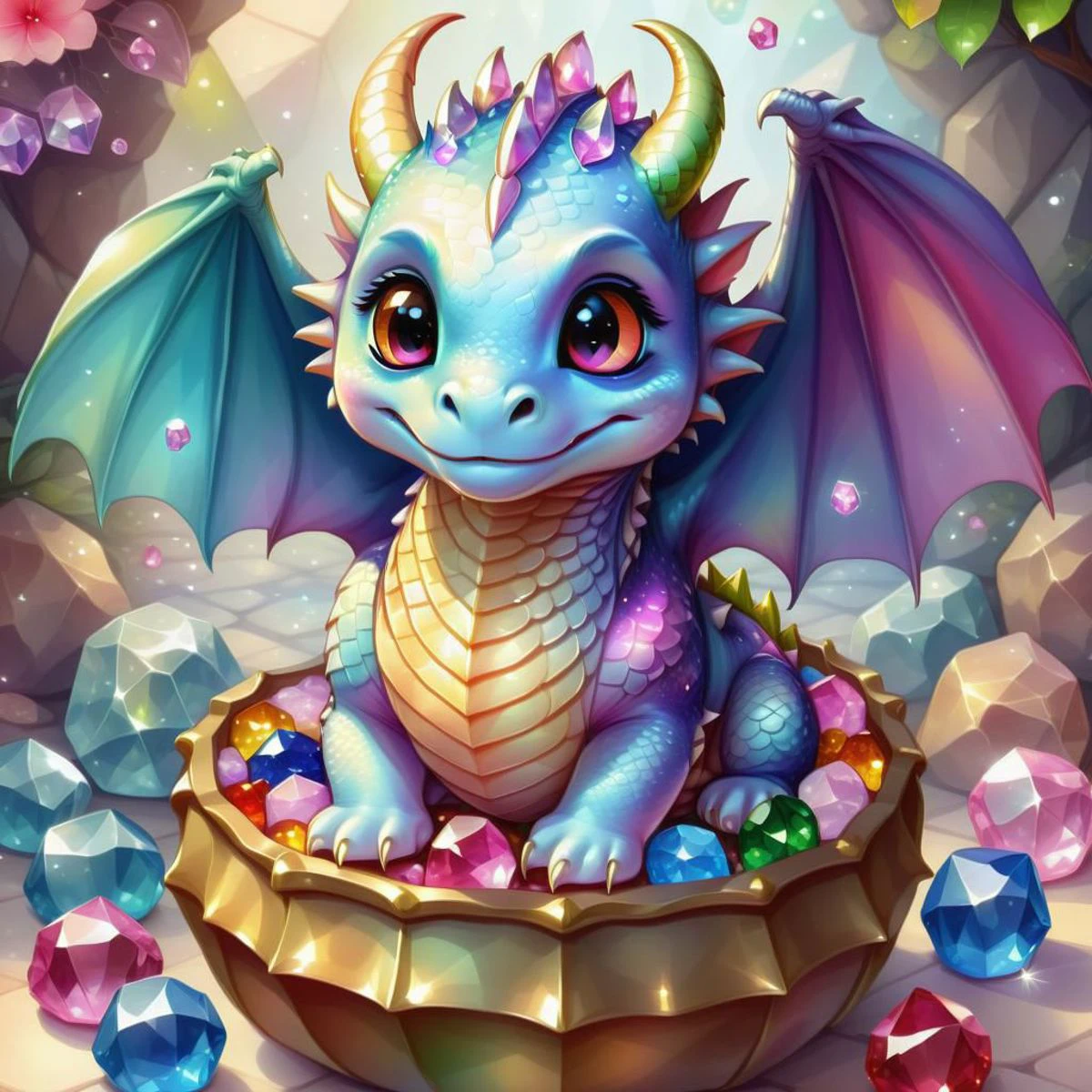 <lora:SDXLCutePets:1> cutepets, a dragon surrounded by colored crystals, high quality, digital art illustration, kawaii, adorable
