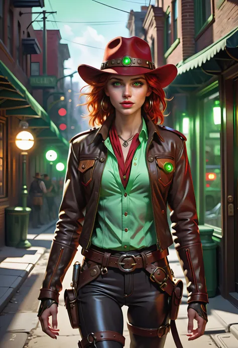 retro atompunk cowboy, solo, adventurer of the outdoors, neon colors, natural skin, steampunk horse, cowboy hat, walking down a retro atompunk street, (beautiful face:1.1), amazing body, sexy, (detailed eyes:1.1), (luscious lips:1.1), large eyes, green brown eyes, (red hair:1.2), beautiful lighting, sunlight, 2girls,
by (Bob Byerley:1.2|Artgerm:1.1), realistic, (absurd res:1.1),
(moody lighting:1.2), bokeh,
photorealistic, Fujifilm XT3, Ultra Realistic, High quality, Highly detailed, trending on artstation, intricate detailed background, embedding:SimplepositiveXLv1,