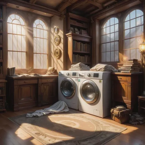 Library/Reading Room, Washing Machine,Blankets/Comforters,Bed,Bedsheets,Oven/Stove, Weft Interlock tapestry and Sandstone and Hardwood, Sunlight through Windows, Downlighting New Media Art, , Nurturing, Level of Detail, Stingray engine, Steampunk, Photograms, Baroque, , Soft Particles, Breathtaking Magnum, 4K, Progressive,