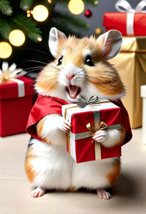 photo of a hamster girl holding a present, being super happy and smiling