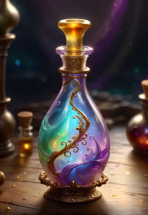 High quality fantasy artifact concept art, simple background, Alchemist's Elixir Vial, swirling iridescent liquid, delicate glasswork, sealed with wax, 8k