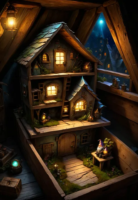 a forgotten lost gnome house inside of a box in an attic, fantasy, whimsy, from above, 3/4 view fantasy art, dark attic, glowing city lights
