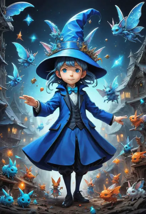 hyper detailed masterpiece,ghibli, lineart, color splash, dynamic, awesome quality,
cute small full featured mature human creature, pointed ears, blue formal attire, pointed hat,
surrounded by floating discarded epoch fairy spirits, eerie festive AI workshop, scifi, futurism