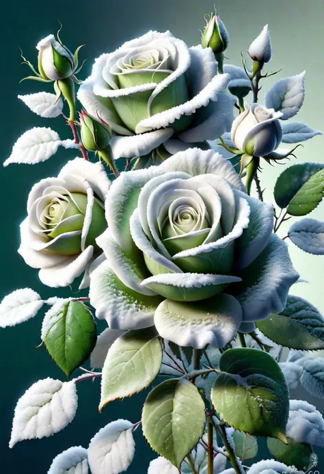 SnowStyle, (best quality:1.2), (detailed:1.2), (masterpiece:1.2), vintage botanical illustrations of larger provence green roses (1770 1775) in high resolution by John Edwards
