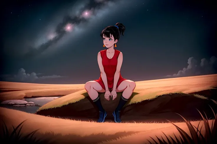 (dark theme:0.9), zvezdochka, 1girl, solo, black hair, earrings, jewelry, ponytail, red dress, blue eyes, sleeveless, short hair, black eyes <lora:zvezdochka:0.5>
upturned dress, pink panties, 
(sitting at meadow:1.2)
 (night:1.2), dark mode, darkness, stars, heavy fog, (by paul zizka:1.3), (masterpiece, best quality, high quality, highres:1.4), extremely detailed, detailed skin, ambient soft lighting, 4K