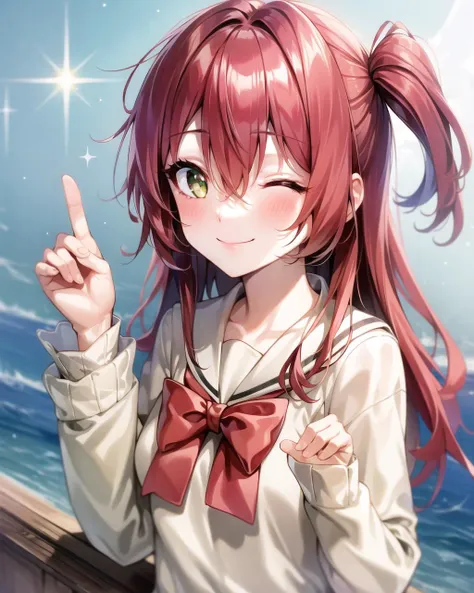 masterpiece, best quality, 1 girl,  <lora:kitaIkuyoLocon_v10a:0.7>,  blush, brown sailor collar, closed mouth, eyelashes, eyes visible through hair, green eyes, hair between eyes, half updo, hand up, happy, heart, heart hair, index finger raised, leaning forward, lens flare, long hair, long sleeves, one eye closed, pastel colors, pink background, sailor collar, school uniform, side ponytail, sidelocks, smile, solo, sparkle, sparkling eyes, upper body, red hair,